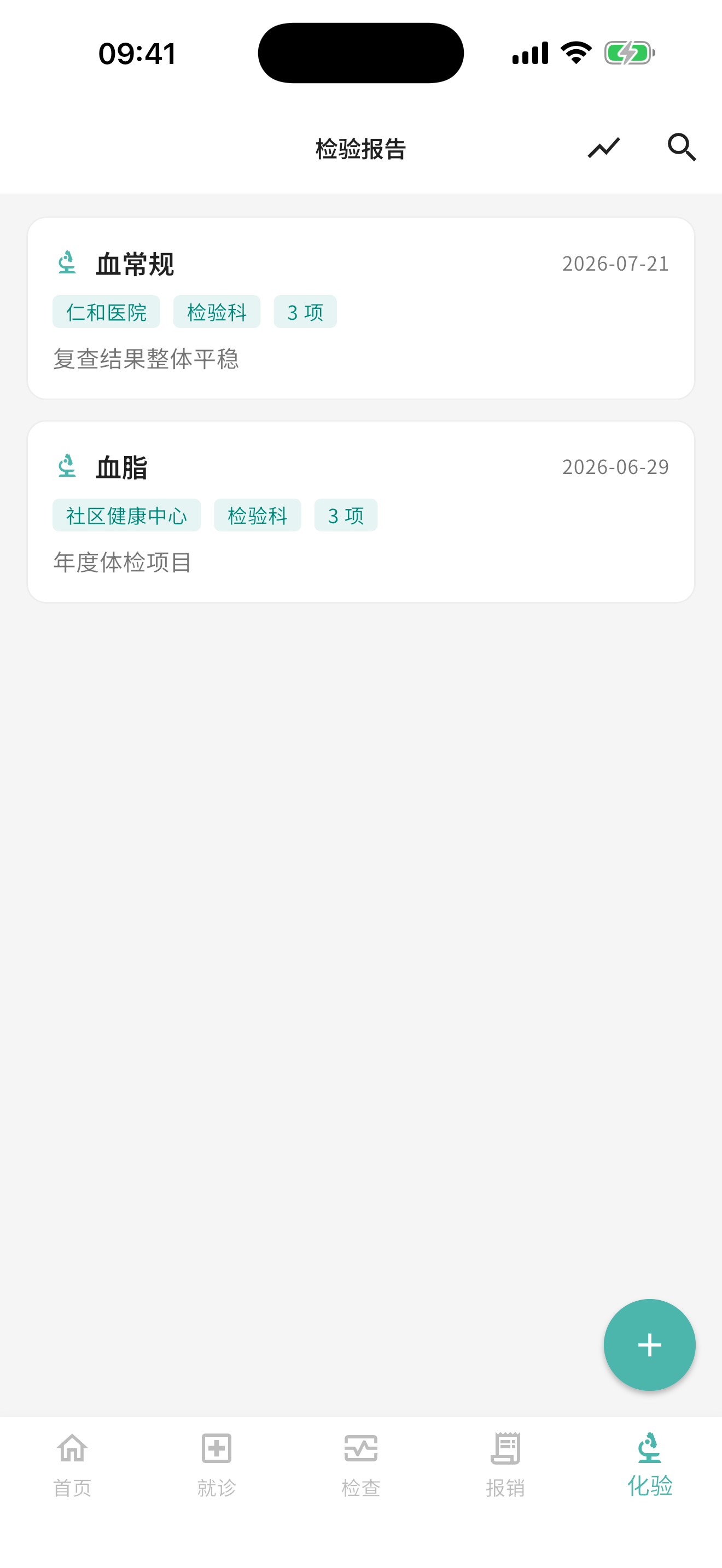 化验报告列表页面